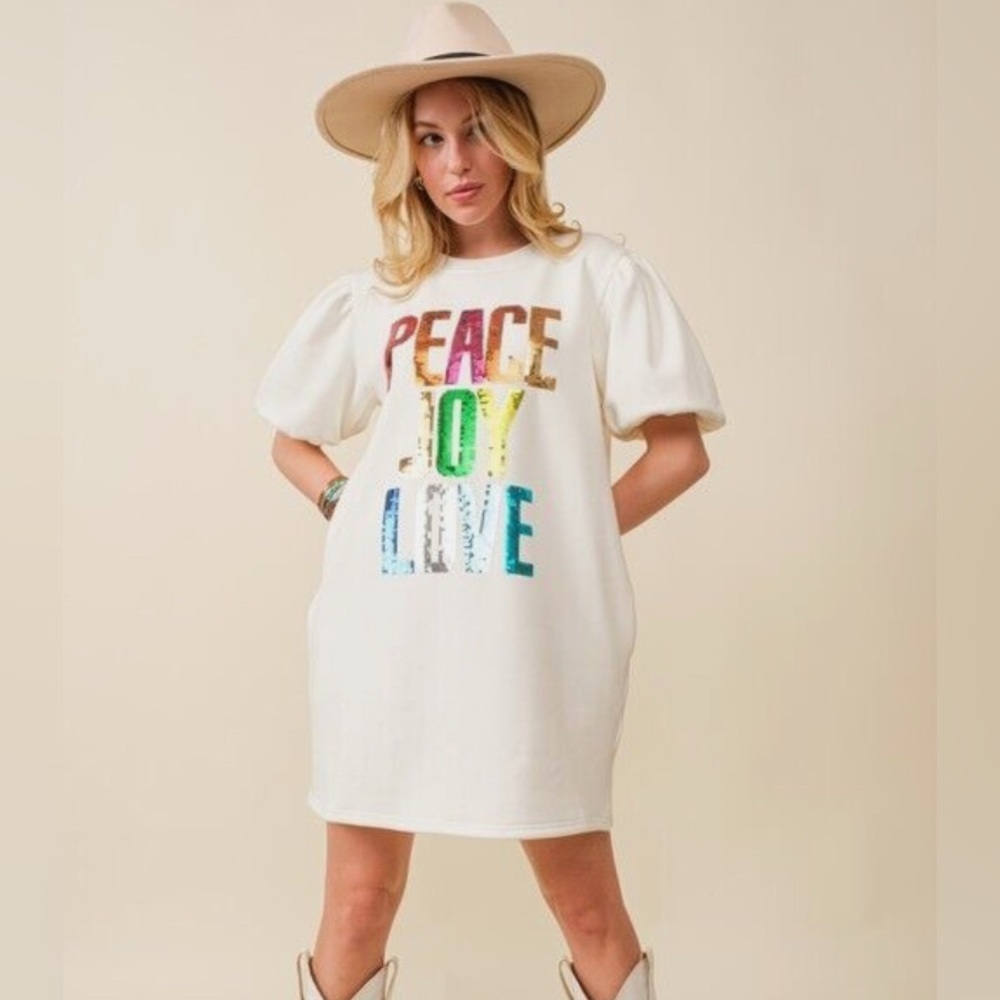 Women’s Peace Joy Love Sequin Sparkle Fleece Cream Rainbow Dress Size Medium